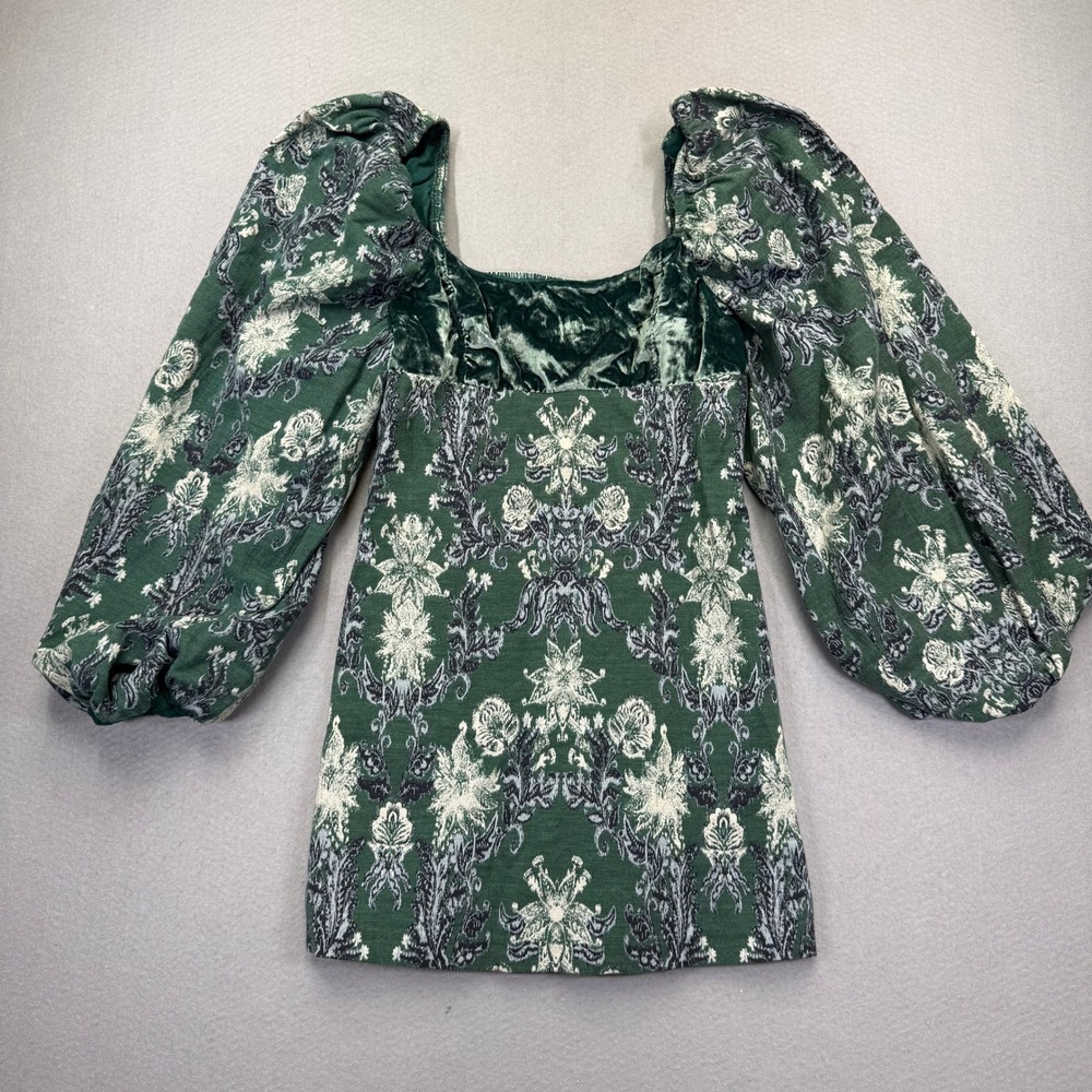 Free People Chloe Mini Dress Green Floral Velvet Square Neck Balloon Sleeve M